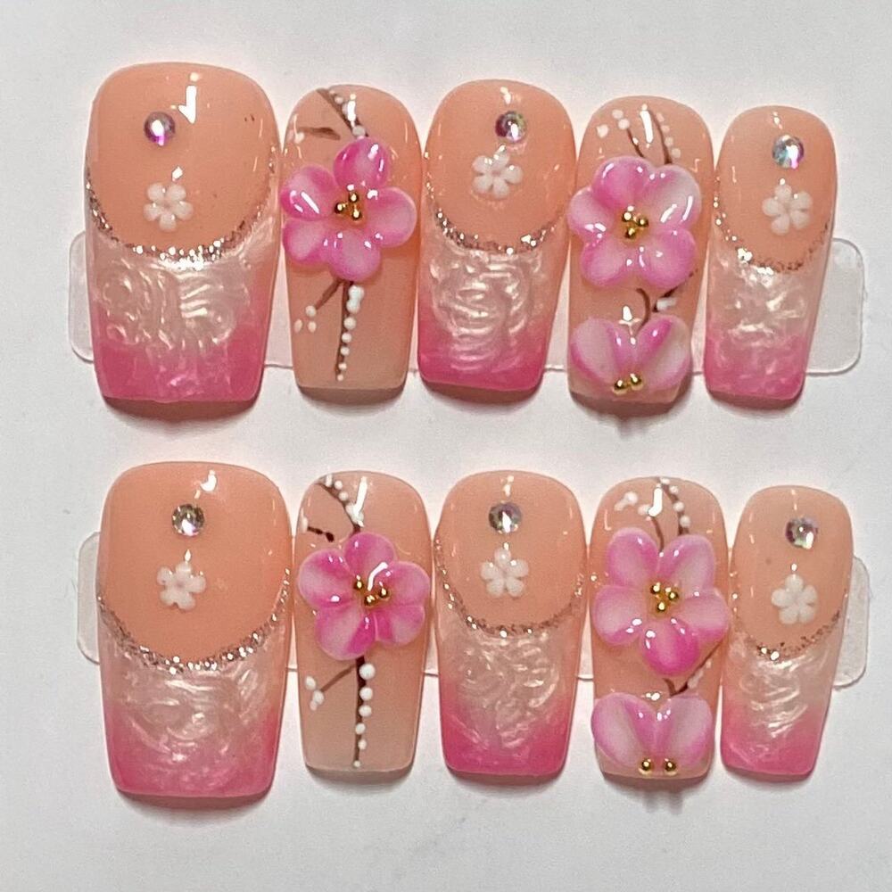 3D Flower Pink White Ombre French Tip Handmade Square Press On Nails Large